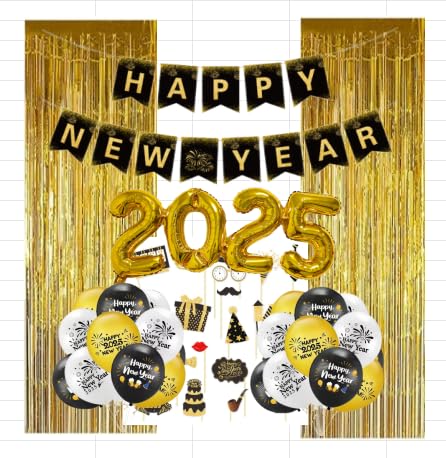 Silvester Party Supplies 2025 Schwarz Gold Silvester Dekorationen 2025 enthalten Luftballons hängende Wirbel Taschentücher Quasten Girlande Photo Booth Requisiten Banner Happy New Years Dekorationen von Bluegogo