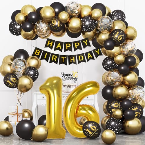 16 Geburtstag Deko,16. Geburtstag Mann Frauen,16 Jahr Geburtstagdeko,Schwarz Gold Happy Birthday Girlande Ballon Dekoration,Deko Konfetti Luftballons für 16 Geburtstag Mann Frauen Birthday Party von Bluelves