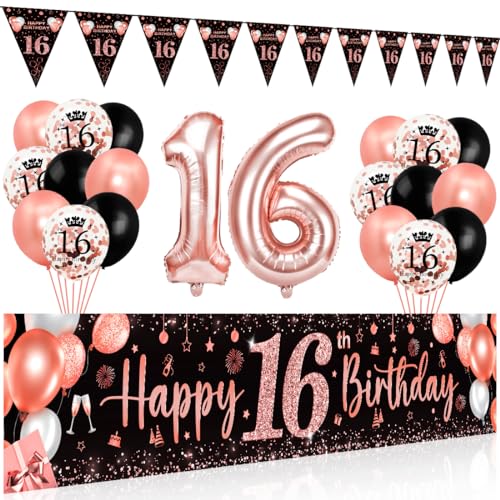 16 Geburtstag Dekoration Frauen,Bluelves Schwarz Rose Extra Lange Happy Birthday Banner Girlande Wimpel (210 x 40 cm),16. Geburtstag Deko Banner Hintergrund und Schwarz Rosegold Konfetti Luftballons von Bluelves