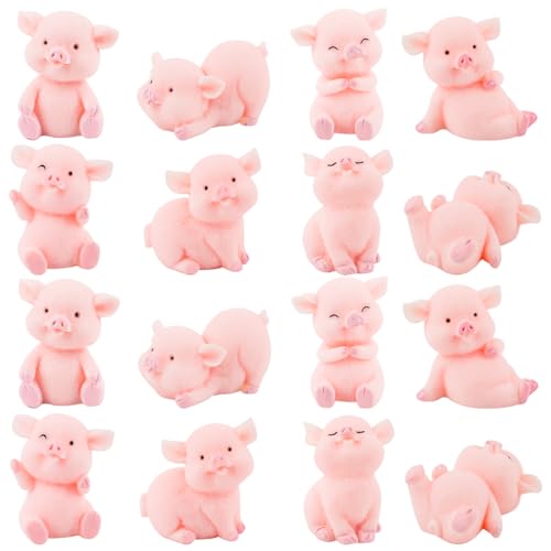 16 Stück Glücksschweinchen Figuren rosa, Glücksbringer Mini Schweine Deko,Schweinchen Miniatur Ornamente, Glücksbringer Silvester Harz Schwein Kuchen Toppers für DIY Handwerk, Silvester Party Set von Bluelves