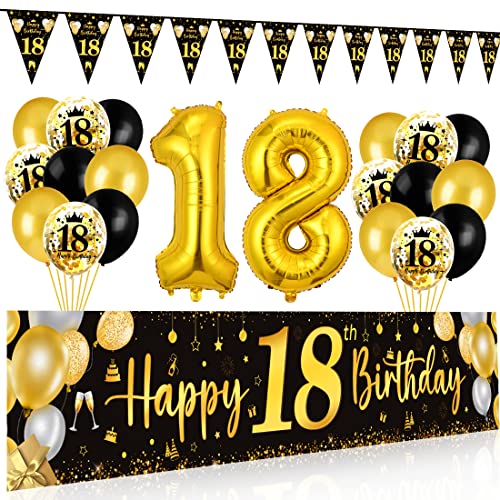 18 Geburtstag Deko Junge Mädchen, 18 Happy Birthday Banner Schwarz Gold, Luftballons 18 Geburtstag Wimpel Girlande, Deko 18. Geburtstag Hintergrund Ballons Schwarz Gold für Jungen Mädchen Party Deko von Bluelves