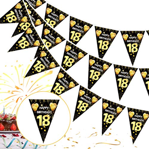 18. Geburtstag Girlande Banner,18er Geburtstag Schwarz Gold Wimpel Banner,18 Geburtstag Wimpelgirlande,18 Jahre zum 18 Birthday Aufhängen Wimpelkette,18 Geburtstag Deko Wimpel für Mädchen Junge von Bluelves