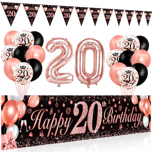 20 Geburtstag Dekoration Frauen,Bluelves Schwarz Rose Extra Lange Happy Birthday Banner Girlande Wimpel (210 x 40 cm),20. Geburtstag Deko Banner Hintergrund und Schwarz Rosegold Konfetti Luftballons von Bluelves