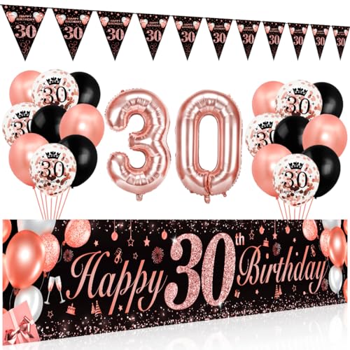 30 Geburtstag Dekoration Frauen,Bluelves Schwarz Rose Extra Lange Happy Birthday Banner Girlande Wimpel (210 x 40 cm),30. Geburtstag Deko Banner Hintergrund und Schwarz Rosegold Konfetti Luftballons von Bluelves