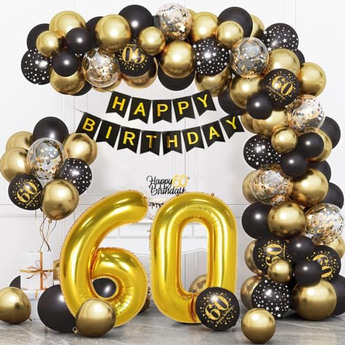 60 Geburtstag Deko,60. Geburtstag Mann Frauen,60 Jahr Geburtstagdeko,Schwarz Gold Happy Birthday Girlande Ballon Dekoration,Deko Konfetti Luftballons für 60 Geburtstag Mann Frauen Birthday Party von Bluelves