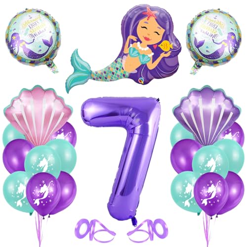 7. Geburtstag Mädchen Meerjungfrau Deko, Meerjungfrau Luftballon 7, Meerjungfrau Geburtstag Deko 7 jahre, XXL Folienballon Mermaid Lila, für 7 Jahre Meerjungfrauen Thema Party von Bluelves