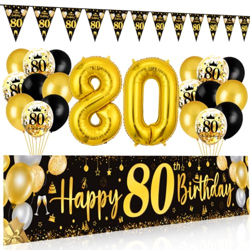 80 Geburtstag Deko Mann Frau, 80 Happy Birthday Banner Schwarz Gold, Luftballons 80 Geburtstag Wimpel Girlande, Deko 80. Geburtstag Hintergrund Ballons Schwarz Gold für Männer Frauen Party Deko von Bluelves