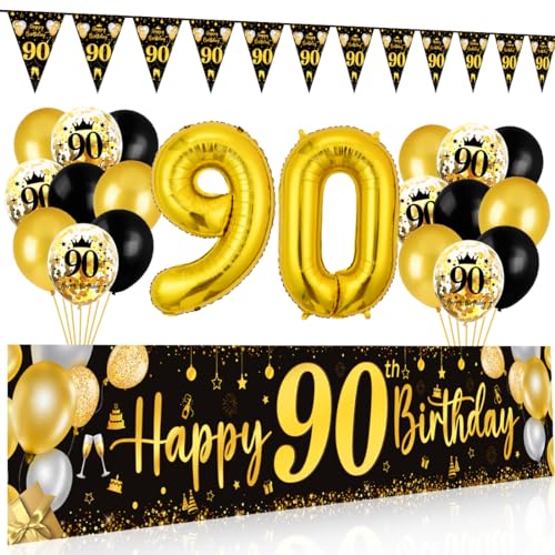 90 Geburtstag Deko Mann Frau, 90 Happy Birthday Banner Schwarz Gold, Luftballons 90 Geburtstag Wimpel Girlande, Deko 80. Geburtstag Hintergrund Ballons Schwarz Gold für Männer Frauen Party Deko von Bluelves