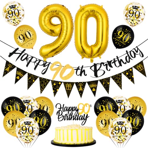 90 Geburtstag Deko Mann Frau, Luftballon 90 Geburtstag Schwarz Gold, 90 Happy Birthday Banner Wimpelkette, Folienballon Zahl 90, Cake Topper Schwarz Gold für 90 Geburtstag Party Dekoration von Bluelves