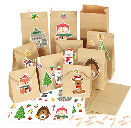 Adventskalender zum Befüllen kinder, 24 tüten Adventskalender, Adventskalender Verpackung, DIY Papiertüten mit 24 Adventskalender Selber Basteln für Kinder Weihnachtstiere Zahlenaufklebern von Bluelves