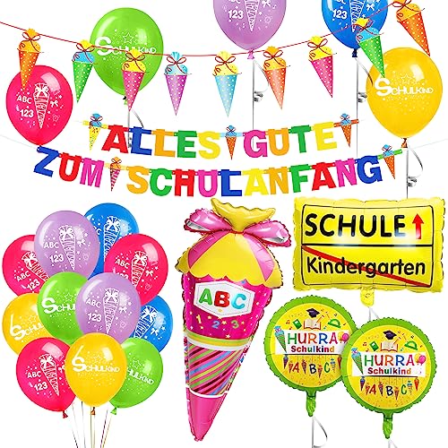 Einschulung Schulanfang Schuleinführung Deko, Alles Gute zum Schulanfang Girlande, Zuckertüte Banner, Schulkind Luftballons, Folienballon Zuckertüte Schulkind Einschulung für Mädchen von Bluelves