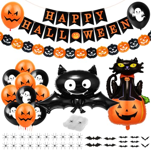 Halloween Deko, Halloween Luftballons, Halloween Dekoration Kinder, Happy Halloween Banner, Halloween Spinnennetz, Fledermaus Aufkleber, Foilenballons Fledermaus Katze für Garten Party Deko von Bluelves