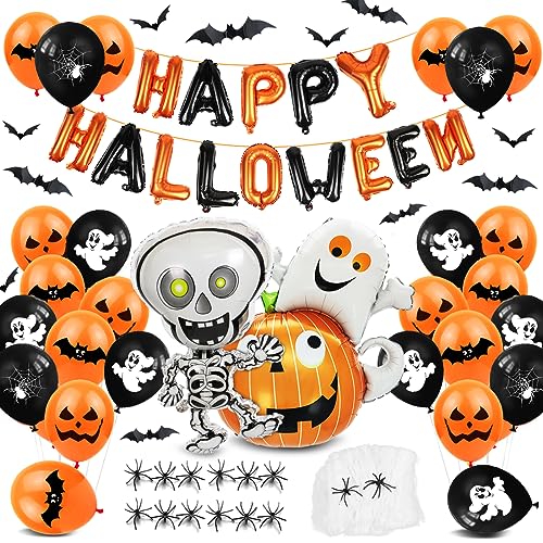 Halloween Deko Set, XXL Happy Halloween Foilenballons, Skelett Kürbisse Luftballons mit Fledermaus Spinnen Requisiten, Halloween Kinder Deko, Gruselige Fotorequisiten für Halloween Party von Bluelves