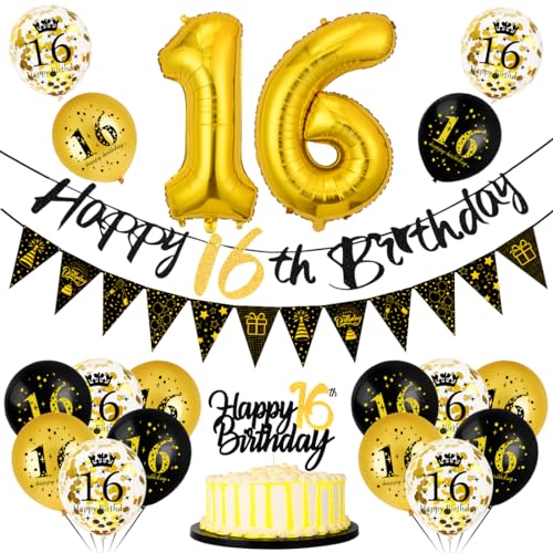 Deko 16. Geburtstag Junge Mädchen, Luftballons 16 Geburtstag Schwarz Gold, 16 Happy Birthday Banner Wimpelkette, Folienballon Zahl 16, Cake Topper Schwarz Gold für Geburtstag Party Dekoration von Bluelves