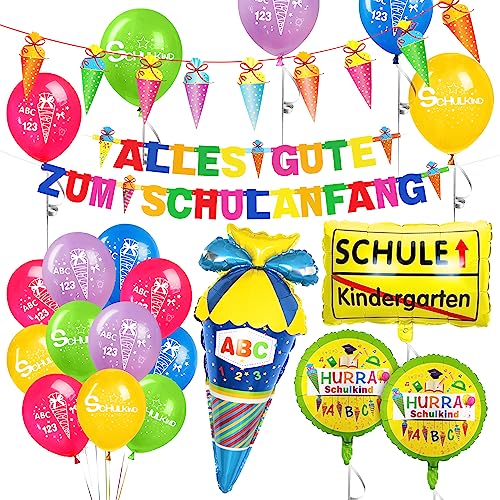 Einschulung Schulanfang Schuleinführung Deko, Alles Gute zum Schulanfang Girlande, Zuckertüte Banner, Schulkind Luftballons, Folienballon Zuckertüte Schulkind Einschulung für Jungen von Bluelves