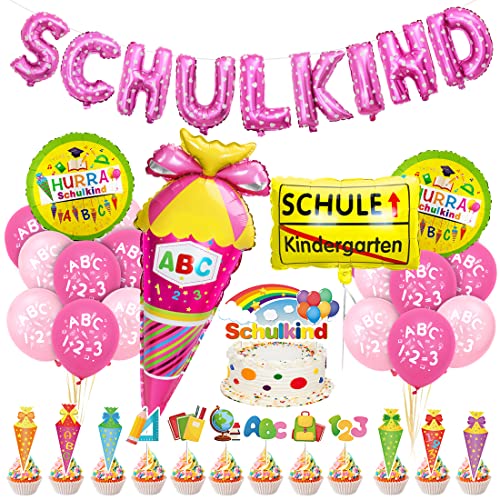 Einschulung Schuleinführung Schulanfang Deko Set für Mädchen,Geschenk Einschulung Junge Deko Rosa,SCHULKIND Rosa Banner + HURRA SCHULKIND Schulanfang Folienballon + Zuckertüte Luftballons mit ABC von Bluelves