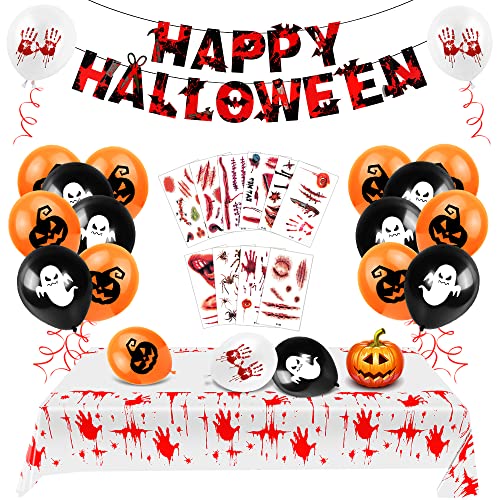 Halloween Deko Set, Halloween Ballons Dekoration, Happy Halloween Banner, Halloween Luftballons Geist Kürbis, Halloween Aufkleber Narben, Halloween Tischdecke Blut Handabdruck, Halloween Party Deko von Bluelves