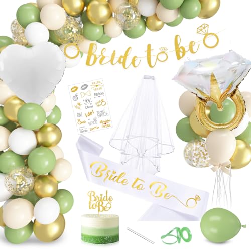 JGA Deko Grün, Bride to be Deko Frau, Junggesellenabschied Frauen Deko, Bride to be Banner, JGA Accessoires mit Grün Gold Luftballons Schleier Schärpe Tortenstecker für Frauen Bachelorette Party von Bluelves