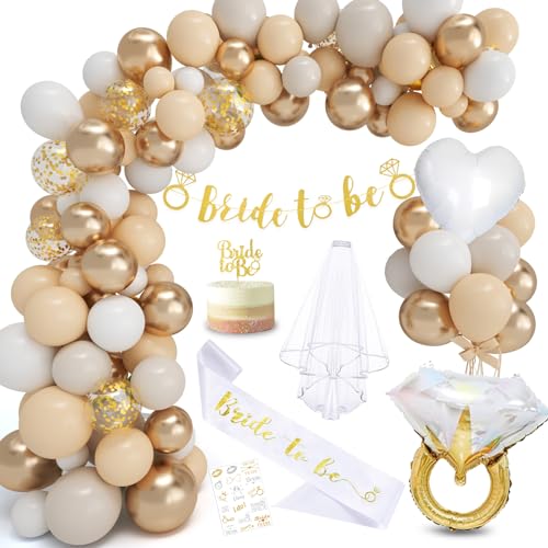 Jga Deko Beige, Bride to be Deko Frau, Junggesellenabschied Frauen Deko, Bride to be Banner, Jga Accessoires mit Beige Weiß Luftballons Schleier Schärpe Tortenstecker für Frauen Bachelorette Party von Bluelves