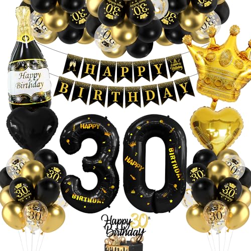 Deko 30 Geburtstag Mann Frau, Luftballon 30 Geburtstag Schwarz Gold, 30 Happy Birthday Banner, Folienballon Zahl 30 Cake Topper Schwarz Gold für 30. Party Geburtstagsdeko von Bluelves