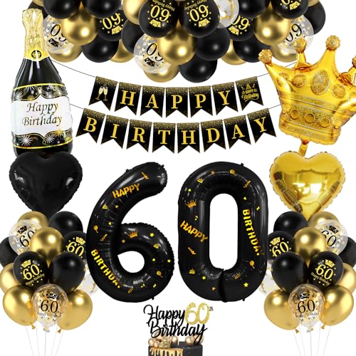 Deko 60 Geburtstag Mann Frau, Luftballon 60 Geburtstag Schwarz Gold, 60 Happy Birthday Banner, Folienballon Zahl 60 Cake Topper Schwarz Gold für 60. Party Geburtstagsdeko von Bluelves