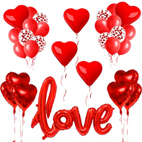 Romantische Deko, Valentinstag Deko 32pcs, Herzluftballons, XXL Love Ballon Rote Herz Folienballon Konfetti Ballon, Love Deko ​für Heiratsantrag Verlobung Party Dekoration Überraschung von Bluelves