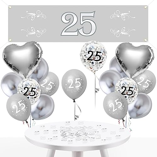 Bluelves Silberhochzeit Deko,25 Jahre Silberhochzeit Luftballons,Silber Luftballons Deko Set,Silver Anniversary Lang Hintergrund Banner für 25. Jubiläum Silber Hochzeit Deko von Bluelves