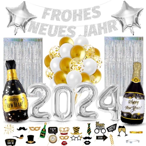 Silvester Deko 2024 XXL, New Year Decoration, FROHES NEUES Jahr Girlande, 2024 Folienballon, Fotorequisiten, Lametta-Vorhang, Luftballons Gold Weiß für Silvester Neujahr 2024 Party Deko Silber von Bluelves