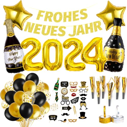 Silvester Deko 2024 XXL, New Year Decoration, FROHES NEUES Jahr Girlande, 2024 Folienballon, Fotorequisiten, Luftschlangen, Partytröten, Luftballons Schwarz Gold für Silvester Neujahr 2024 Party Deko von Bluelves