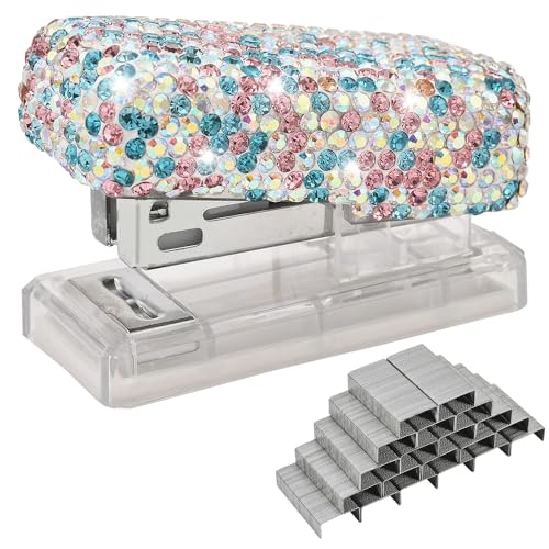 Blueshyhall Heftgerät Glitzer Klein, Bling Mini Stapler mit Diamant Strass, Mini Heftgerät Set mit 1000 Stück 26/6 Heftklammern, Tacker Hefter Klein Mini für Büro Schreibtisch (Blaurosa) von Blueshyhall