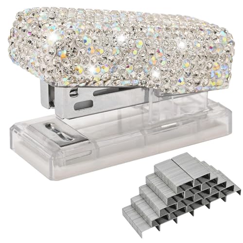 Blueshyhall Heftgerät Glitzer Klein, Bling Mini Stapler mit Diamant Strass, Mini Heftgerät Set mit 1000 Stück 26/6 Heftklammern, Tacker Hefter Klein Mini für Büro Schreibtisch (Weiß) von Blueshyhall