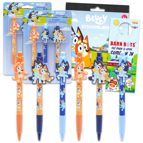 Bluey Stifte für Kinder – 6-teiliges Bluey Kugelschreiber-Set mit Bluey und Bingo plus Aufklebern und Türaufhänger | Bluey Partygeschenke für Kleinkinder, Kinder von Bluey