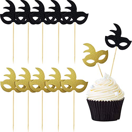 48 Stück Maskerade Maske Cupcake Topper Zahnstocher Glitzer Geburtstag Kuchen Dekorationen Karneval Essen Dessert Picks für Urlaub Party Gastgeschenke Zubehör Babyparty Kuchen Dekor (Gold, Schwarz) von Blulu