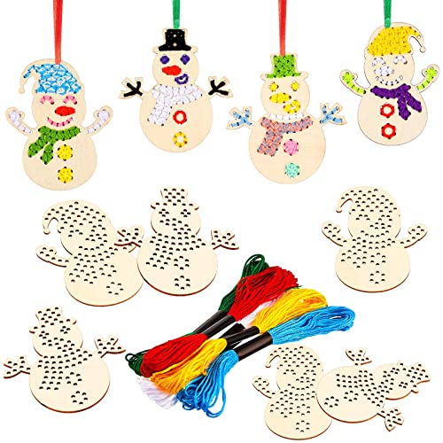 10 Stück Weihnachten Holz Kreuzstich Bastelset Basteldeko Kreuzstich für Anfänger Nähen und Kreuzstich Set zum Weihnachtsbaum für Kinder und Erwachsene (Schneemann Stil) von Blulu