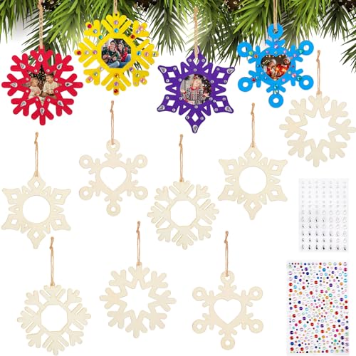 Blulu 12 Stück Weihnachten Bilderrahmen Bastelset für Kinder Hängende Schneeflocken zum Basteln Weihnachtliche Holz Fotorahmen und 2 Blatt Selbstklebende Glitzersteine für Weihnachtsbaum DIY Deko von Blulu