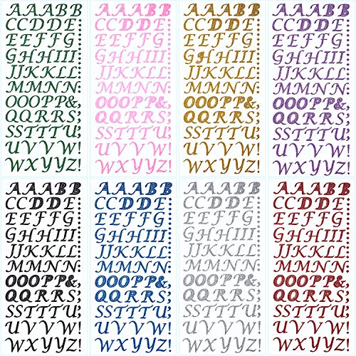 Blulu 8 Blatt Alphabet-Aufkleber mit Glitzer, Alphabet, selbstklebend, für Dekoration, Kappe, Grad und Handwerk, Basteln, 8 Farben von Blulu
