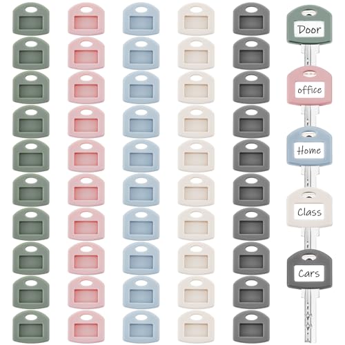 Blulu Farbige Schlüsselabdeckungen, 2,5 cm, mit leeren weißen Karton-Etiketten und transparenter Kunststofffolie für Hausschlüssel, Klassifizierungsorganisation, 50 Stück (Morandi-Farbe) von Blulu