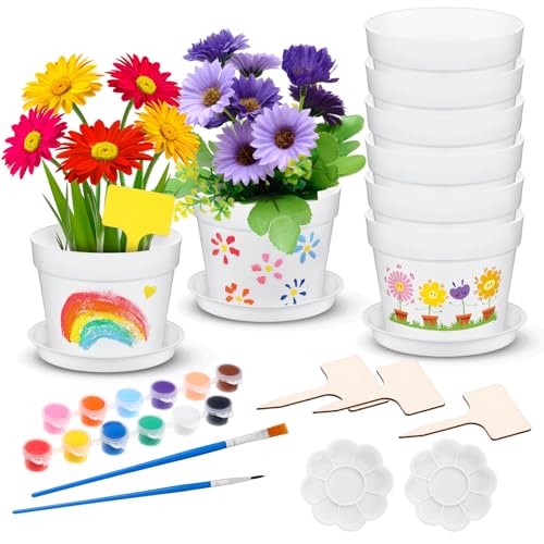 Blulu Malen und Pflanzenset 8 Stück Kunststoff Blumentopf mit Untertassen 16 Stück Malpinsel 4 Sets Acrylfarben 4 Stück Mischpalette 8 Stück Holz Pflanzenschilder Geschenke für Mädchen und Jungen von Blulu