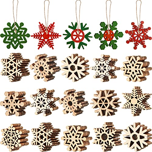 Blulu Stück unlackierte Schneeflocken-Ornamente aus Holz zum Aufhängen, blanko Holzscheiben mit Schnur, Weihnachtsdekoration, für Weihnachtsbaumschmuck (natürliche Farbe, 10,2 cm), natürlicher farbton, 4 Inches von Blulu