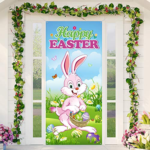 Happy Easter Türabdeckung Hasen Banner Großer Stoff Bunte Frühling Willkommen Dekoration für Ostern Party Fotoautomat Hintergrund Lieferungen, 35 x 78 Zoll von Blulu