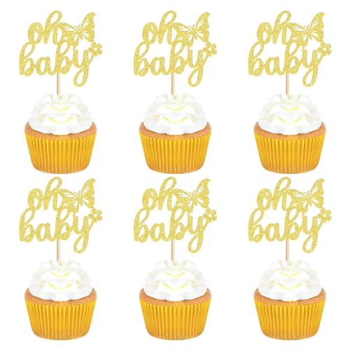 24 Stück Oh Baby Cupcake Toppers Glitter Schmetterling Party Cupcake Toppers Baby shower Kuchen Deko Party Dekorationen Schmetterling Kuchen dekoration Kuchenaufsätze von Blumomon