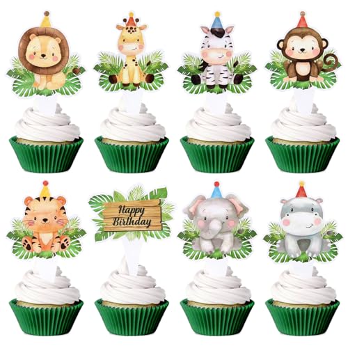 32 Stück Dual Front Tier Cupcake Topper Tier Geburtstags Kuchen Deckel Dekorationen für Kindergeburtstags Party Dekoration Dschungel Safari Thema Party Zubehör von Blumomon