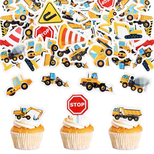 64 Stück Essbar Straßenschild Baufahrzeug Cupcake Topper LKW Bagger Kuchen Dekorieren Baby Jungen Kinder Geburtstag Kuchen Topper Oblatenpapier Baufahrzeug-Kuchen-Deckel von Blumomon