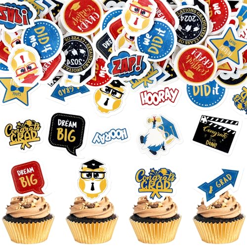 Blumomon 72 Stück Essbare Gratulation Grad Cupcake Topper 2025 Abschlusssaison Dekoration Essbare Abschlussfeier Tortendekoration Happy Graduation Party Dekorationen von Blumomon