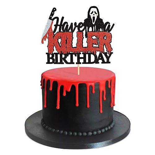 Blumomon 1 Packung Have a Killer Birthday Cake Topper Glitter Horror Classic Halloween Killer Birthday Cake Pick for Bloody Horror Movie Theme Birthday Baby Shower Party Cake Decorations Supplies von Blumomon