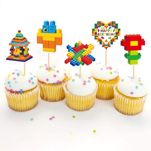 Blumomon 24 Stück Bausteine Kuchenaufsatz Gaming Dekoration Spiel Cupcake Aufsätze für Spiele Motto Partys Kindergeburtstag Babyparty Party Dekorationen von Blumomon