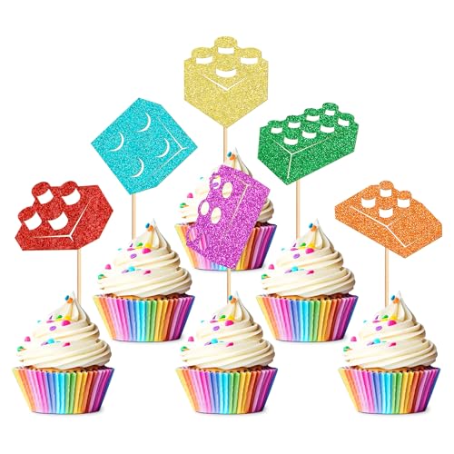 Blumomon 24 Stück Bausteine Kuchenaufsatz Gaming Dekoration Spiel Cupcake Aufsätze für Spiele Motto Partys Kindergeburtstag Party Dekorationen von Blumomon