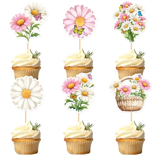 Blumomon 24 Stück Daisy Caketopper Blume Tisch Tortendekoration Blumen KuchenTopper Braut Baby Dusche Dekorationen Engagement Party Dekorationen von Blumomon