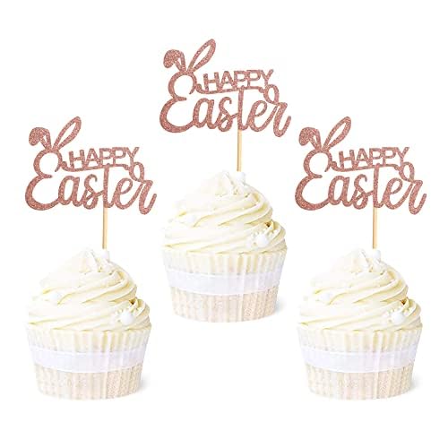 Blumomon 24 Stück Frohe Ostern Cupcake Topper Dekoration Roségold glänzend Hasenohren Cupcake Auswahl Frohe Ostern Thema Party Cake Decoration Supplies von Blumomon