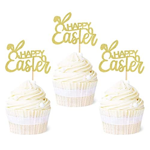 Blumomon 24 Stück Frohe Ostern Cupcake Topper Gold glänzend Hasenohren Cupcakes Auswahl Frohe Ostern Thema Party Cake Decoration Supplies von Blumomon